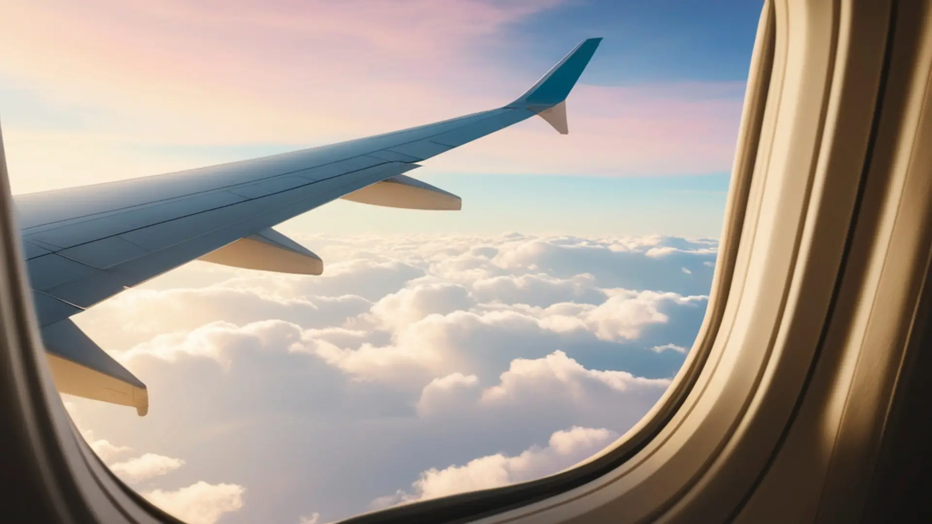 Aeroplane wing above the clouds during a long-haul flight.