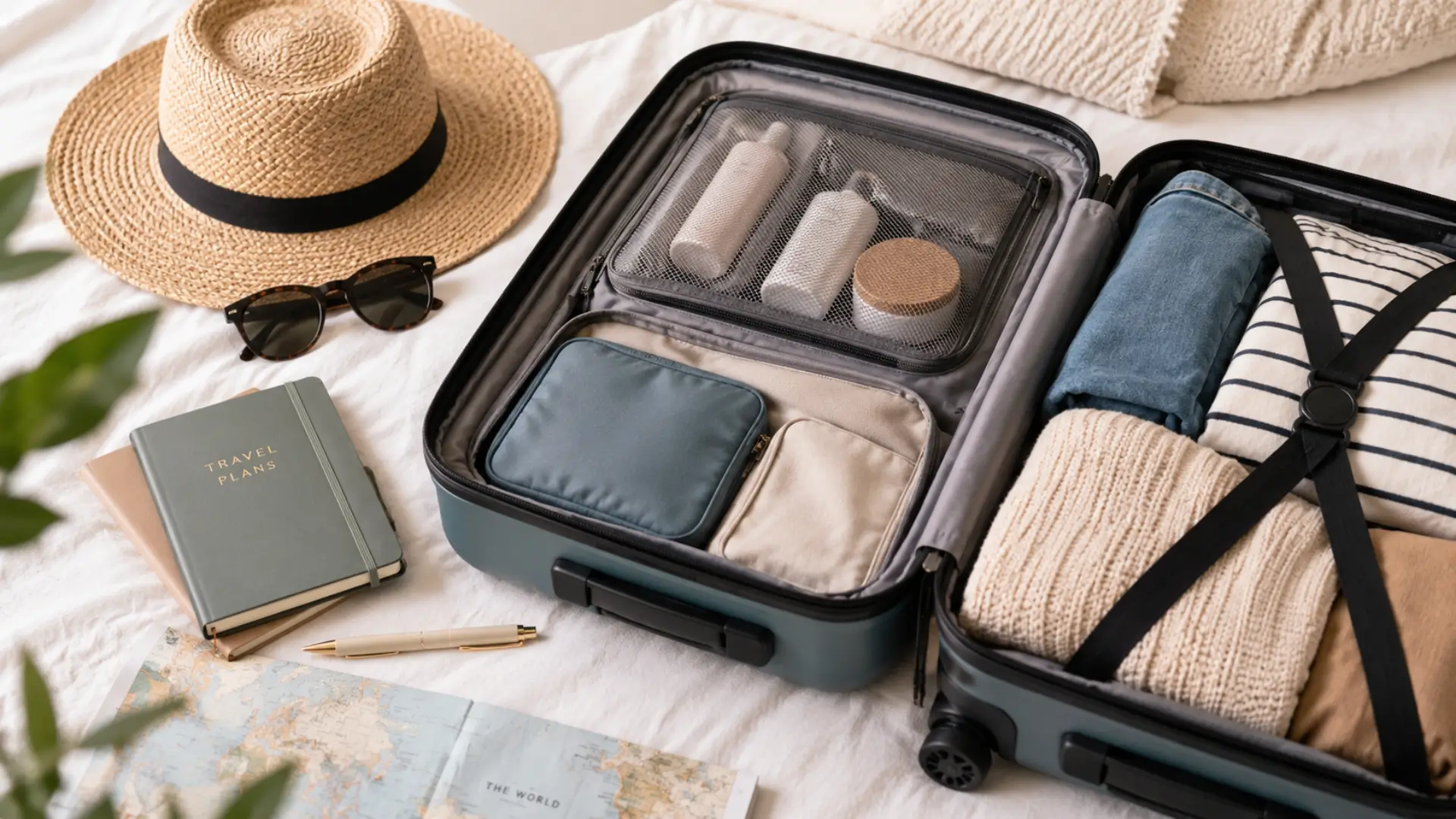 Open suitcase with organised clothes and travel essentials on a bed.