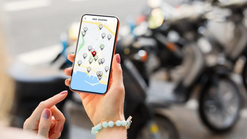 Traveller using a ride-sharing app abroad.