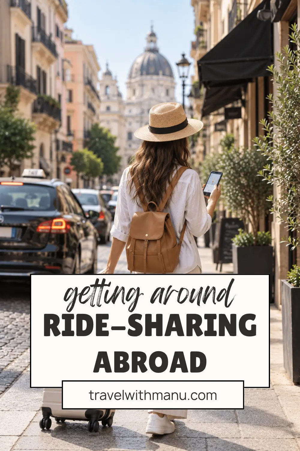 Traveller using a ride-sharing app while walking with luggage abroad.