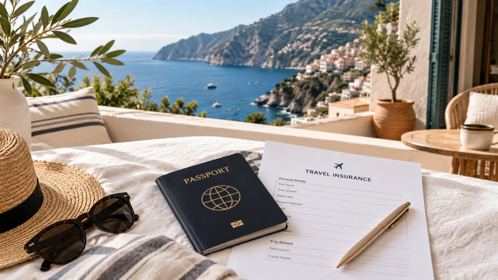Passport and travel insurance form on a coastal accommodation terrace.