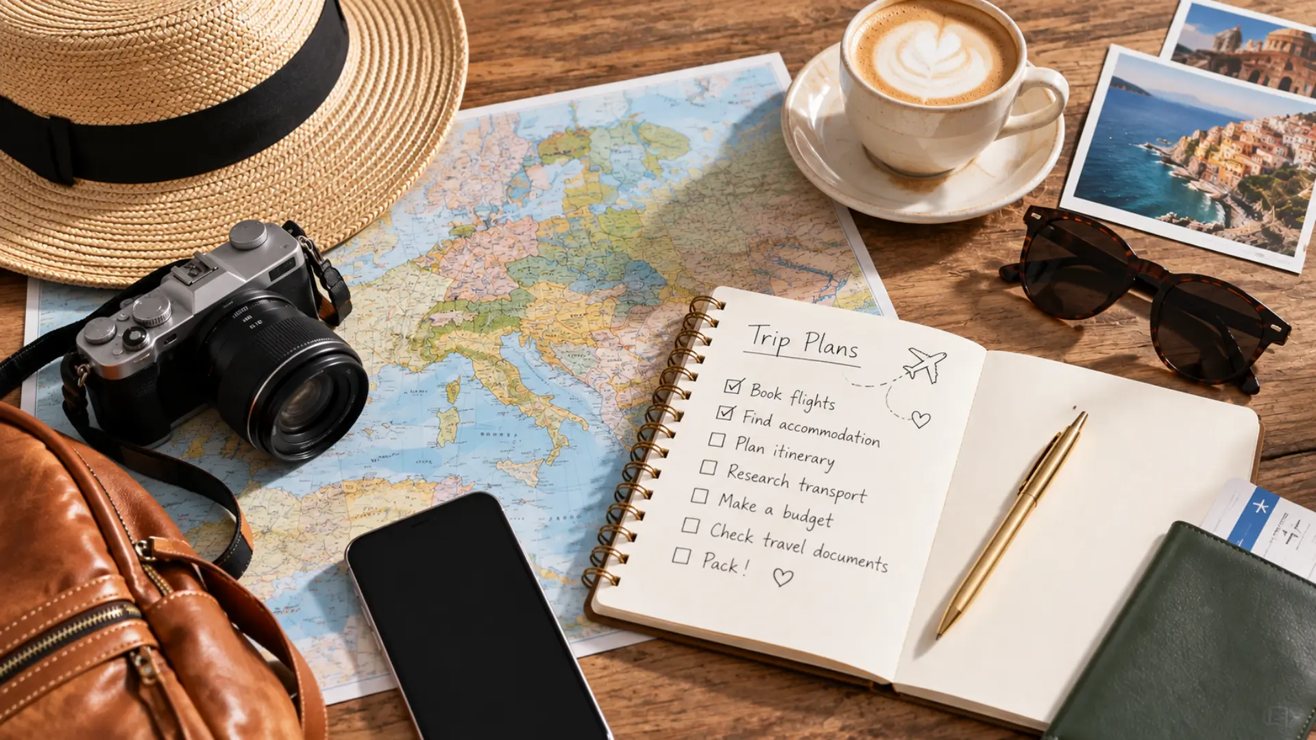 Travel planning checklist with map, camera and travel essentials.
